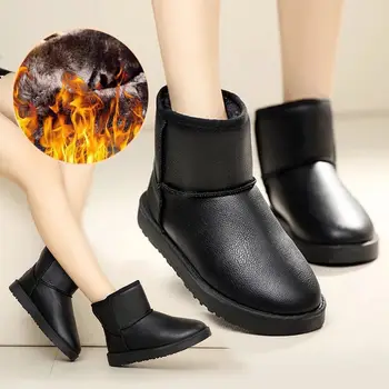 

Woman Winter Leather Snow Boots Women's Cute Korean Style Warm Flat Ankle Boots Velvet Waterproof Women's Cotton Shoes