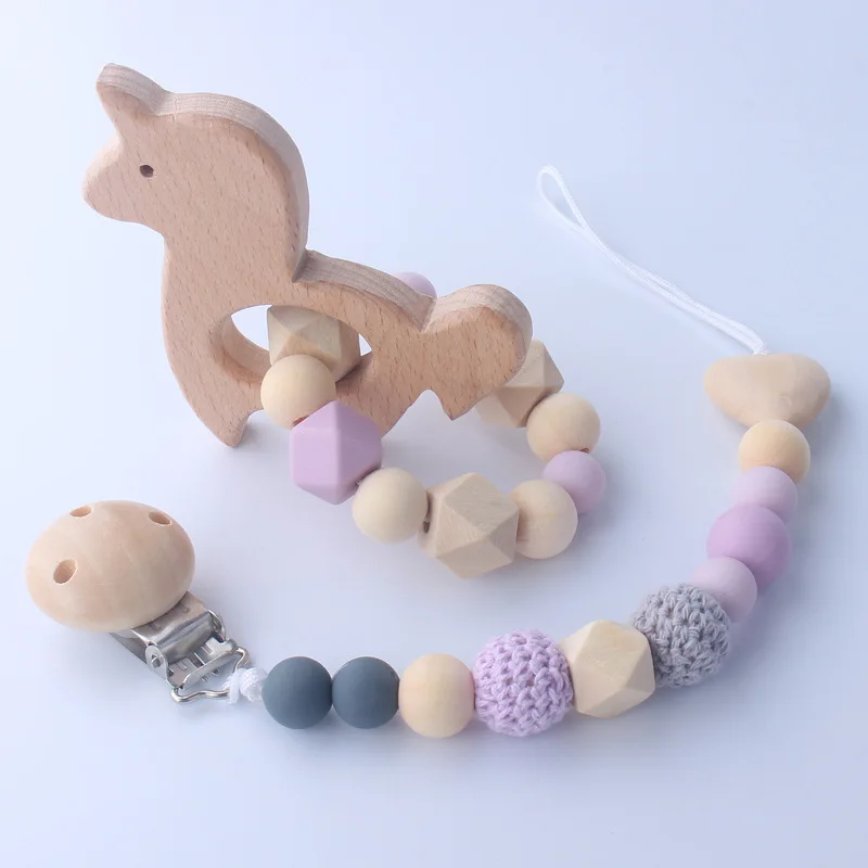 2Pcs/Set Baby Beech Toy Teether Baby Silicone Nipple Chain Delicacy Hand Made Rattles Pacifier Holder Toys Gifts Wholesale