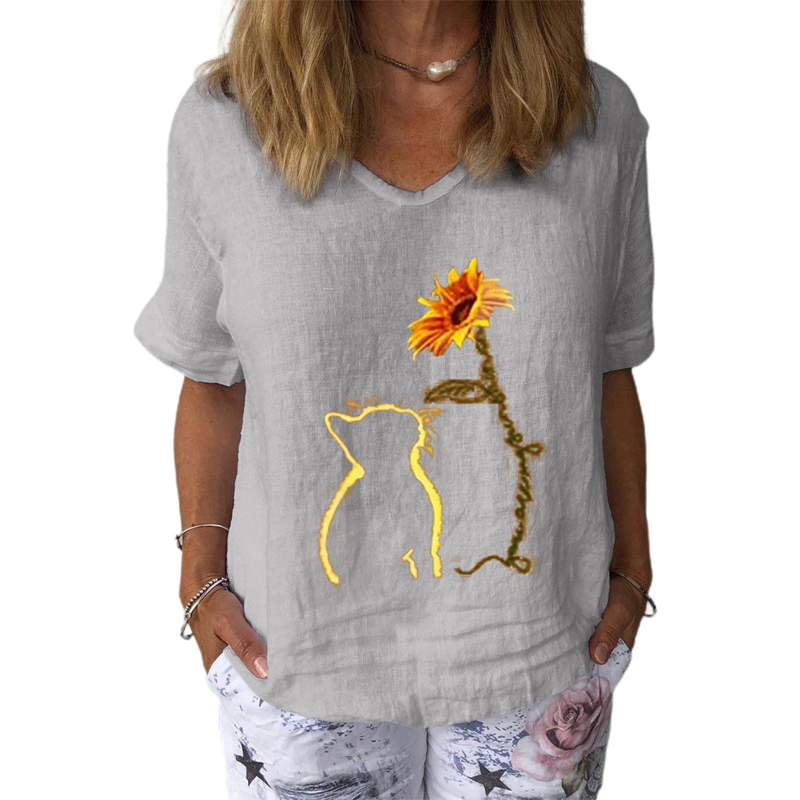 Women Casual V Neck Short Sleeve Dandelion Print Cotton Linen Blous Top T-shirt cute summer crop tops Tees
