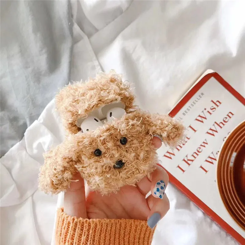 Cute Teddy Fuzzy Case For Apple Airpods 2/1 Cover Funny Cartoon Silicone Headphone Case Box For airpod Smooth Cloth Fabric Funda - Color: Light Brown