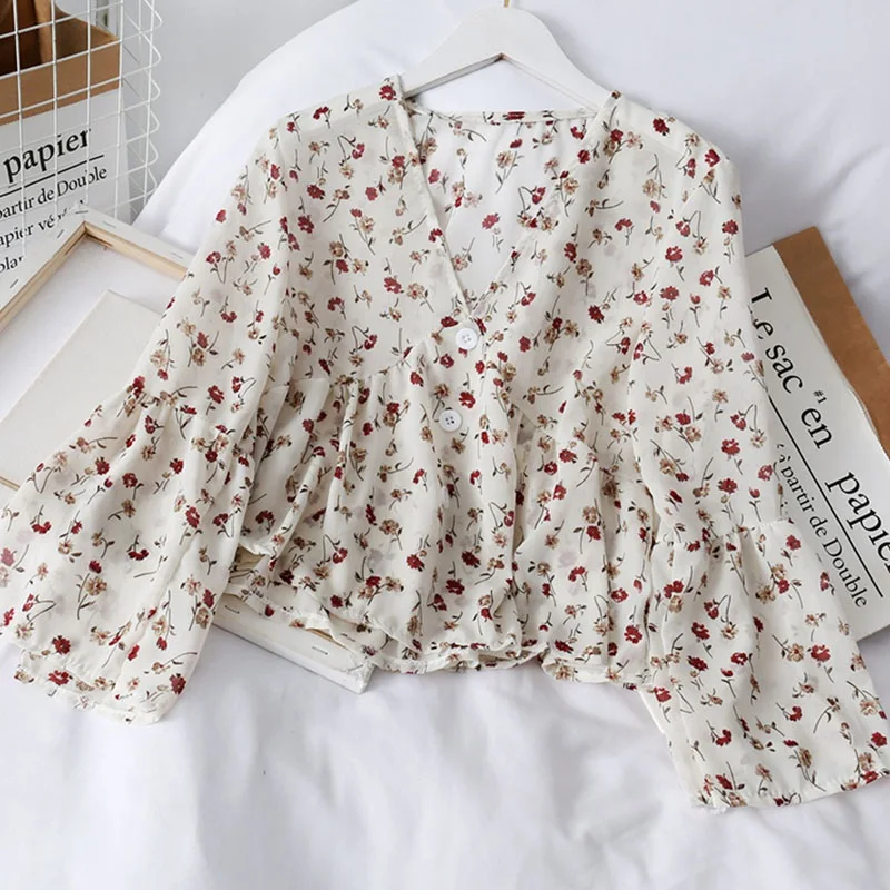 Women's V Neck Fashion Floral Print Chiffon Blouses Sweet Small Fresh Long Sleeves Chiffon Shirt Blouses 2
