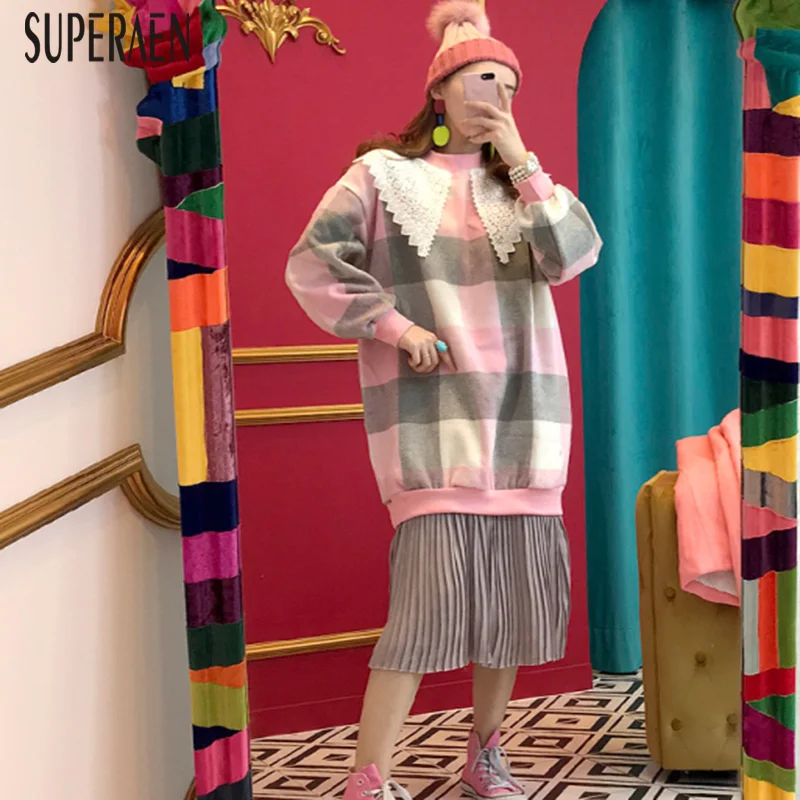 SuperAen, корейский стиль, женское платье, хлопок, в клетку, осень, новинка, женское плиссированное платье, длинный рукав, хлопок, женская одежда, мода