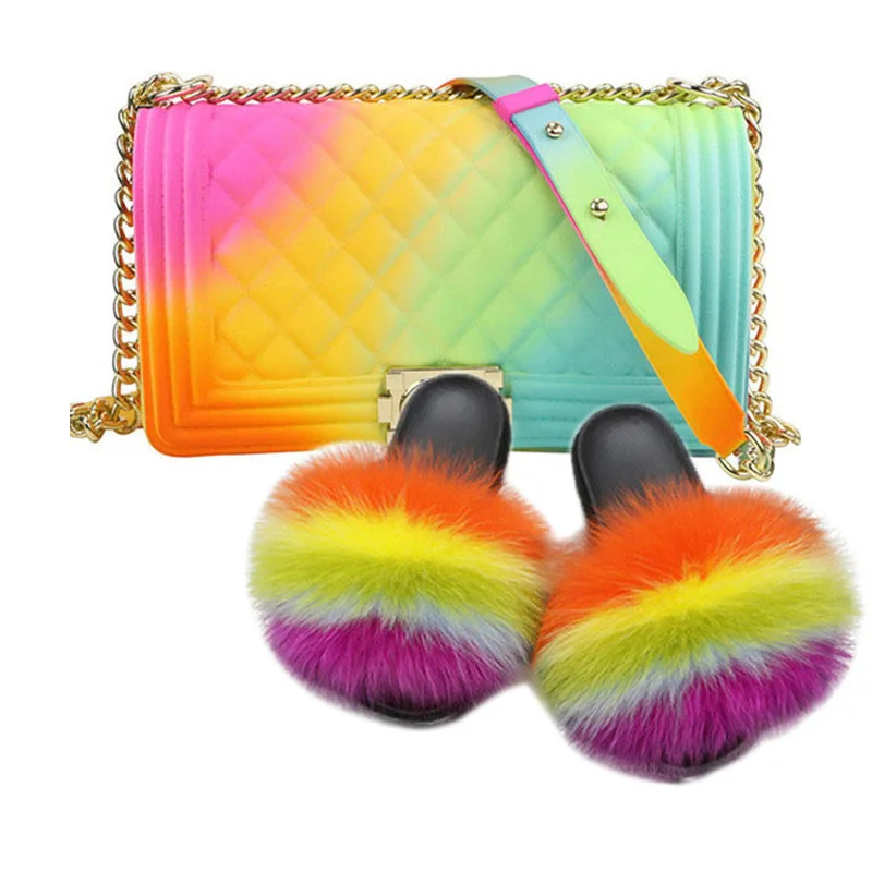 

2020 Hot Shoes Bag Set Woman Slides Fox Fur Sandals with Colorful Jelly Bags Multicolor Shoe Flip Flops Fluffy Platform Sandals