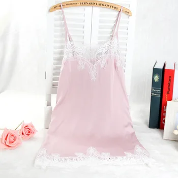 

Women Seductive Lace Backless Nightdress Breathable Suspenders Sexy Hollow-Out Imitation Silk Dress Sweet Princess Sleepwear