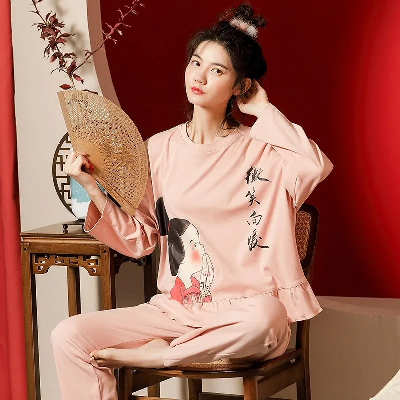 

XIFER 2020 Autumn New Style Sleepwear Women's Cotton Compact Siro Spinning Cartoon Chinese Style Home Service Suit