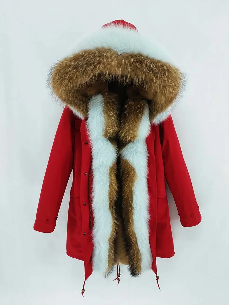 Длинная парка, пальто из натурального меха, зимняя куртка для женщин, натуральный мех енота, Лисий меховой капюшон, воротник, манжеты, толстая теплая верхняя одежда, новинка - Цвет: 30