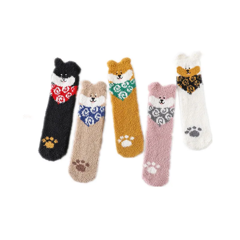 

5pair/lot Autumn/Winter new cartoon dog coral velvet Sock woman thickened warm Socks