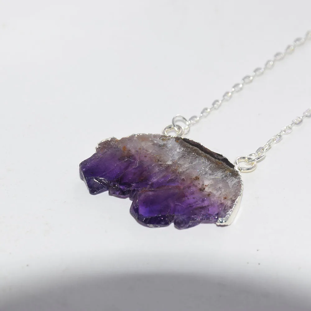 Натуральный срез аметисты Geode Druzy ожерелье с застежкой женское серебро золото ободок сырой кристалл фиолетовый кварц цепь ожерелье мужчины