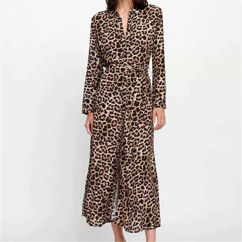 Women Dress Autumn 2019 Ladies Leopard Print Dresses Sexy Women V Neck Long Sleeve Midi Dress Fall Evening Party Female Dresses