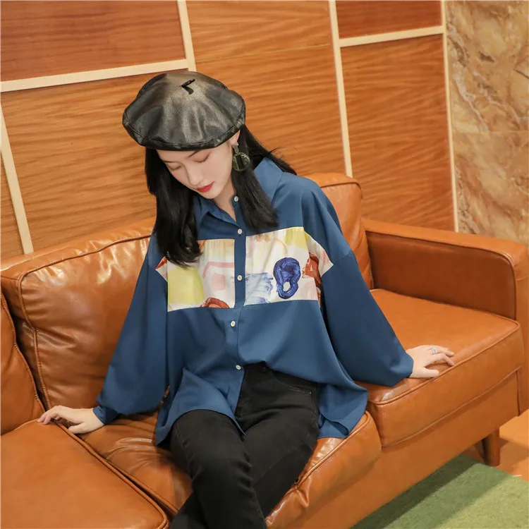 Осень 2019 Новая Женская Ретро Печать Корейская Свободная рубашка с длинным рукавом рубашка размера плюс Топы Женская блузка корейская