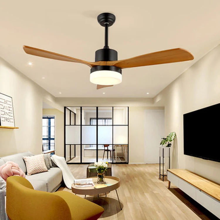 Modern Decorative Solid Wooden Blade Matte Black Energy Saving LED Ceiling Fan With Light