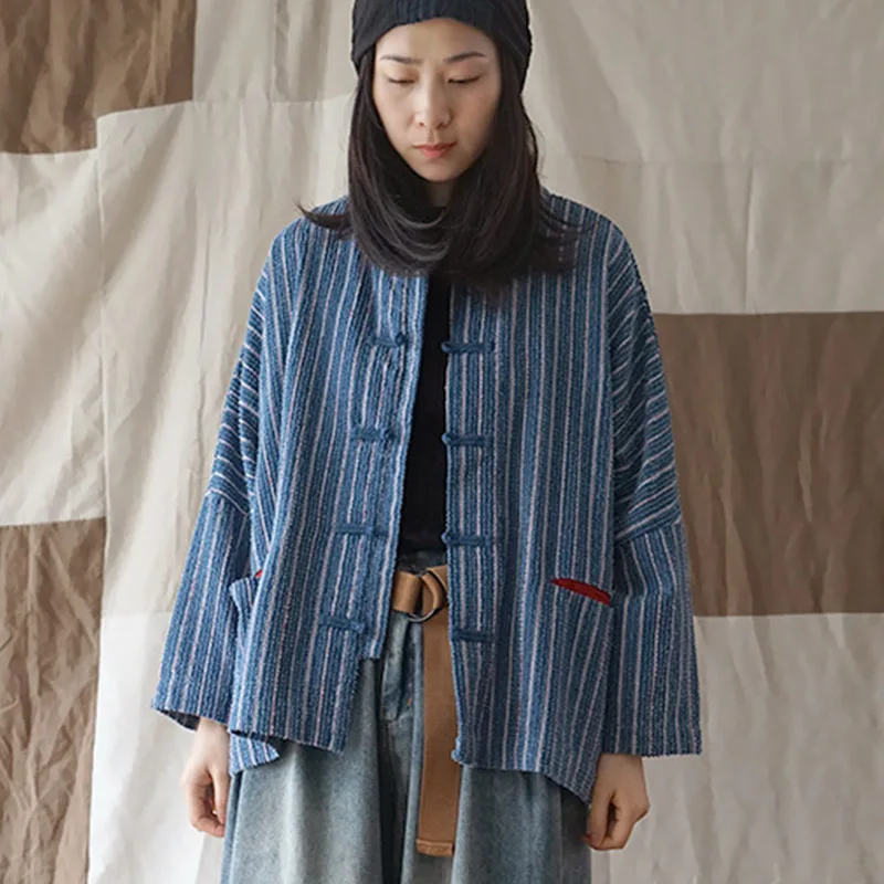 SCUWLINEN, осенне-зимняя женская куртка, плюс размер, свободная, в полоску, на кнопках, джинсовая, хлопковая куртка, P119 - Цвет: Blue
