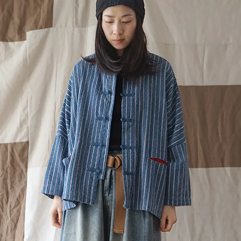 Blue SCUWLINEN, осенне-зимняя женская куртка, плюс размер, свободная, в полоску, на кнопках, джинсовая, хлопковая куртка, P119 - Цвет: Blue