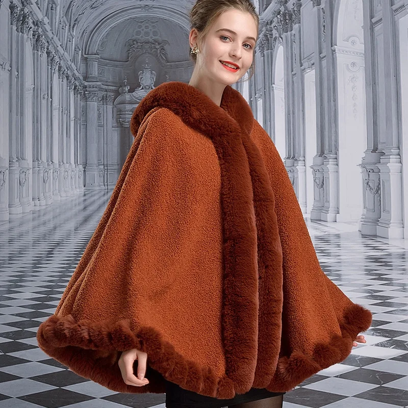 CAMEL Модный Плащ из имитированной овечьей шерсти и меха кролика Рекс, накидка с капюшоном, пальто, элегантная женская шаль из искусственного меха, Зимняя Толстая размера плюс - Цвет: CAMEL