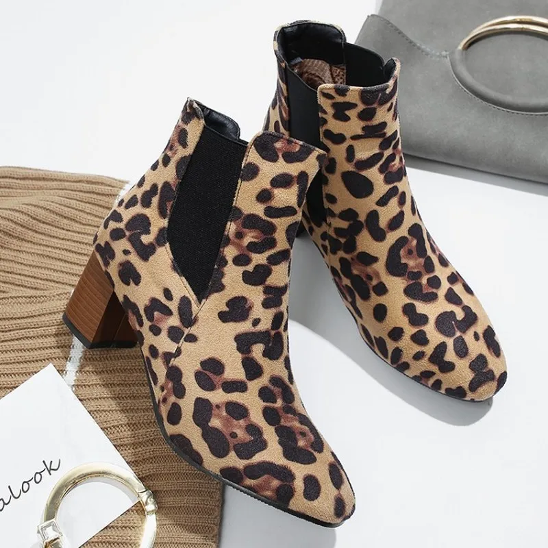 

US4-13 Women Round Toe Ankle Boots Pull On Leopard Block Heels Warm Winter Motorcycle Riding Shoes Black 2Colors Plus Size C502