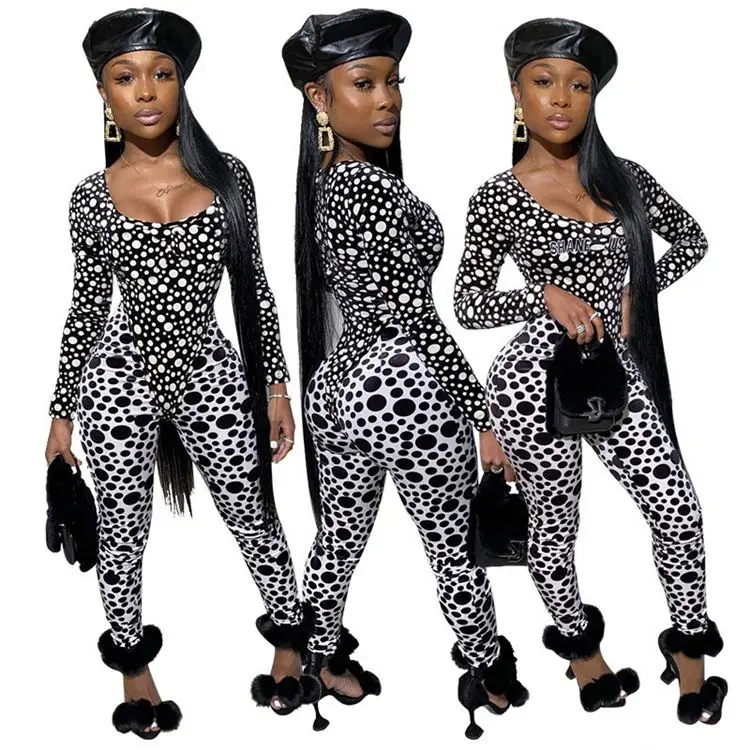 

Winter new sexy dot print long sleeve bodysuit and pants Two Piece Set Women Clothing