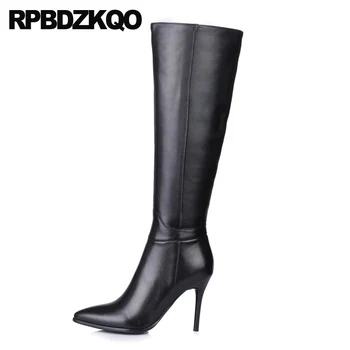 

plus size long black pointed toe shoes thin genuine leather big knee high women boots winter 2019 stiletto 10 tall heel quality