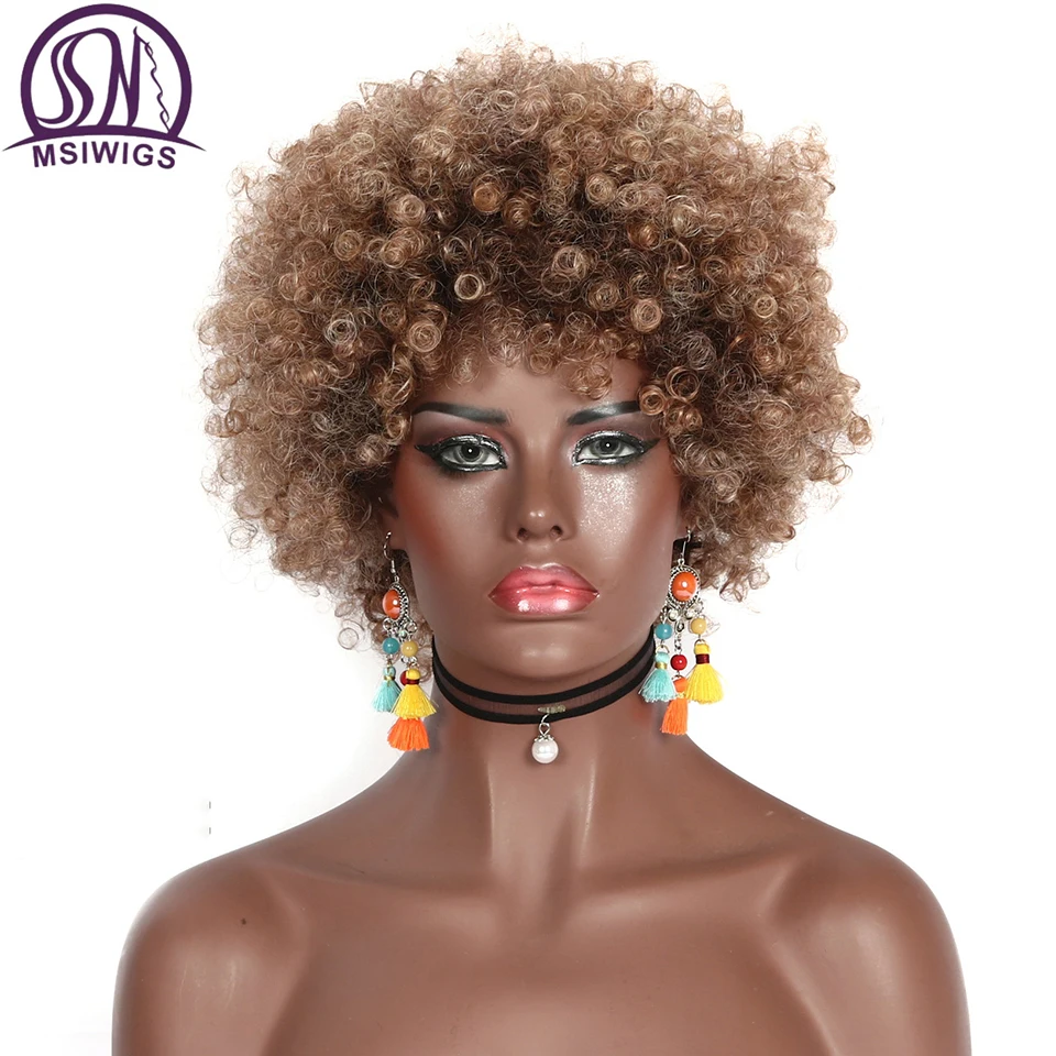 MSIWIGS короткие коричневые светлые волосы афро парик для женщин Pixie Cut Knkly Curl мягкие