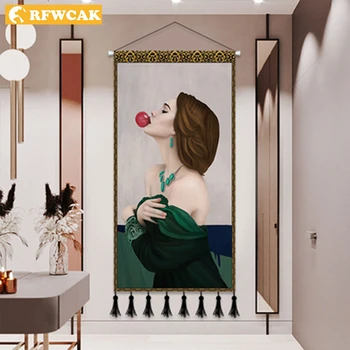 

Nordic Elegant Girl Tassel Soft Style Post-modern Painting Decoration Corridor Mural Art Vertical Background Wall