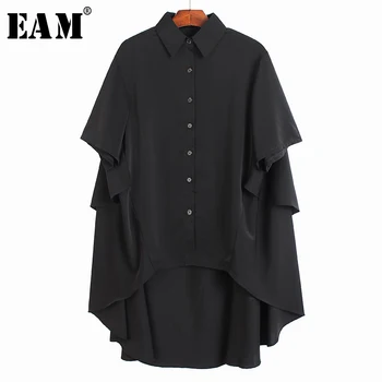 

[EAM] Women Black Ruffles Back Long Big Size Blouse New Lapel Short Sleeve Loose Fit Shirt Fashion Tide Spring Summer 2020 1U193
