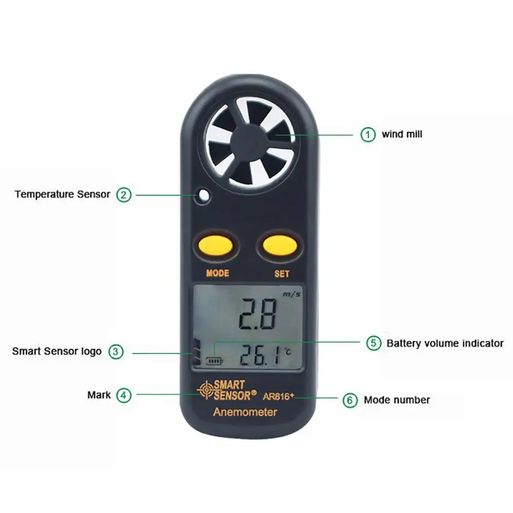 

SMART SENSOR AR816+ Electronic Anemometer Thermometer Digital Pocket Wind Speed Gauge Air Flow Meter Windmeter