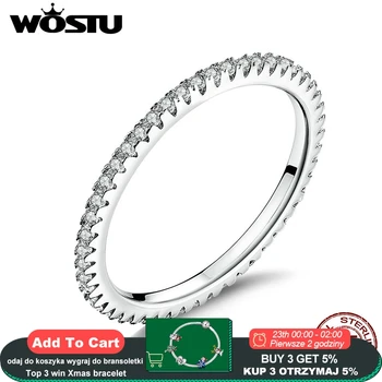 

WOSTU Genuine 100% 925 Sterling Silver Geometric Round Clear Crystal Circle Finger Ring For Women Engagement Jewelry Gift CQR066