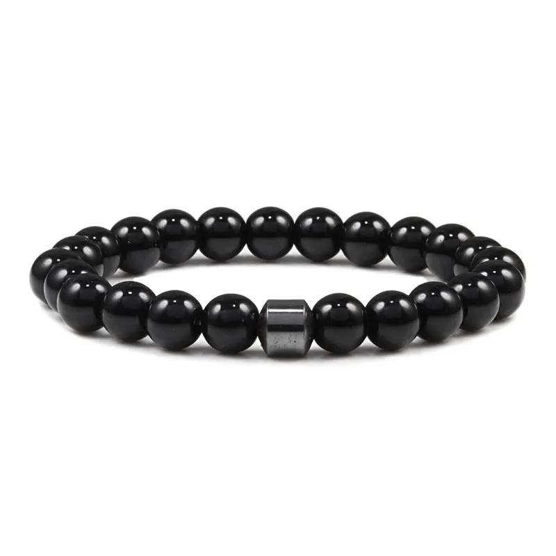 bright black Мужские шармы браслет из бисера Lucky натуральный камень 8 мм матовый черный классический бисер браслеты и браслеты Мода Йога ювелирные изделия аксессуары - Окраска металла: bright black