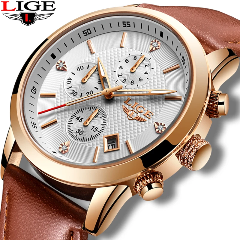 

2020 LIGE Watch Men Sport Chronograph Quartz Clock Mens Watches Leather Diamond Dial Business Waterproof Watch Relogio Masculino