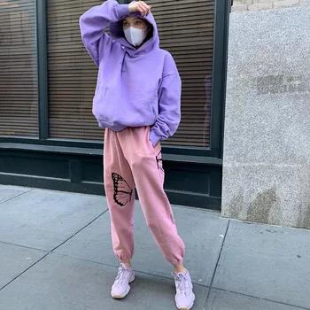 

Loose fashion women sports pants pink butterfly print high waist casual sweatpants jogger exercise casual women pants streetwear