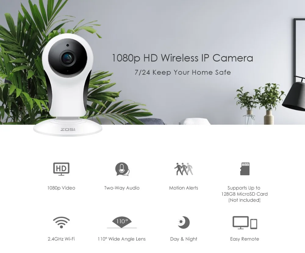 ZOSI, беспроводная Wi-Fi ip-камера, 1080 P, Full HD, для помещений, ночное видение, мини, домашняя камера безопасности, двухсторонняя аудио и оповещение