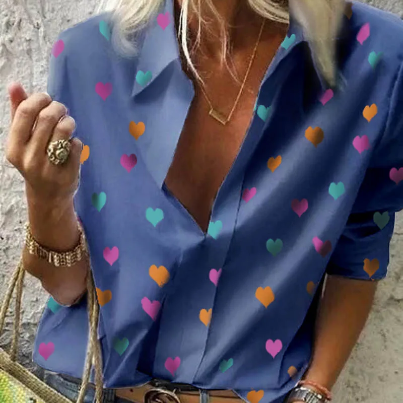 Heart blue Lipswag 5XL, женская блузка для отдыха, топы, Осенние, с цепным принтом, для работы, офиса, блузка, рубашка для девушек, стильная, с длинным рукавом, размера плюс, блузки - Цвет: Heart blue