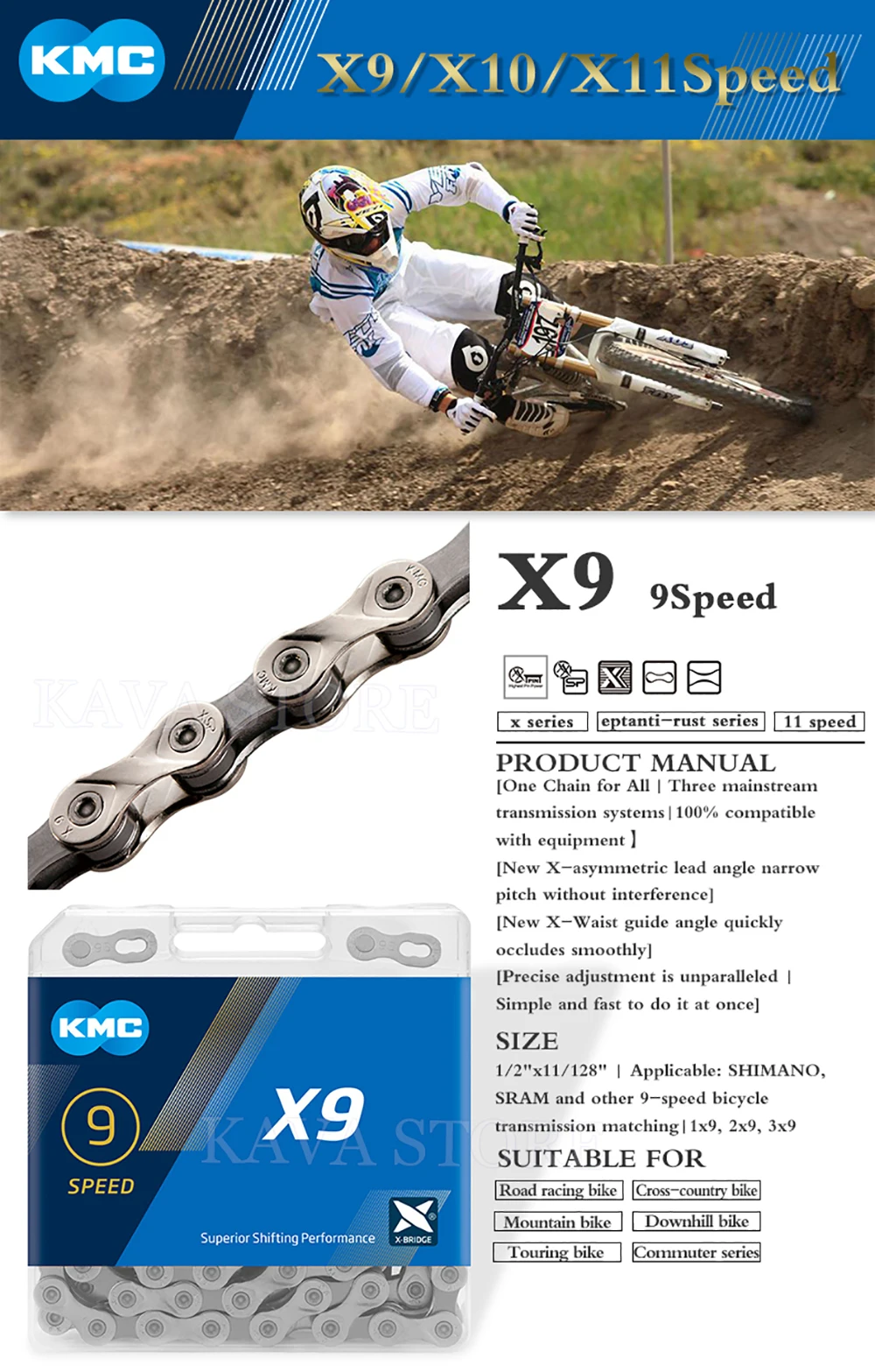 KMC, x9x10x11 speed 116maillons chain mountain bike/Road, suitable for SRAM 9s 10s 11 speed, 9V, 10V, 11 V, bicycle parts, accessories