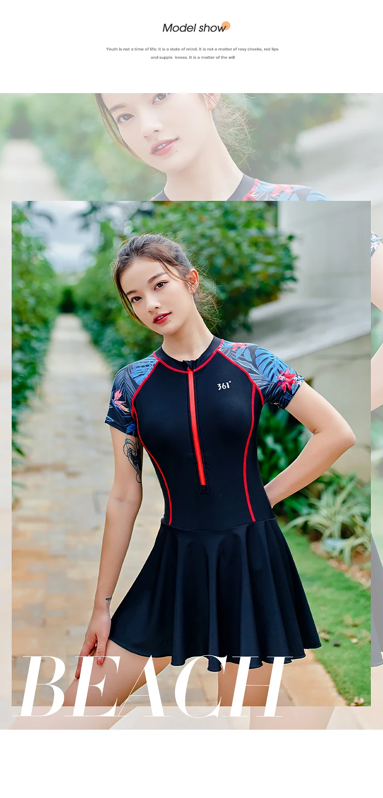 361 Swimsuit Female Summer 2021 One Piece Swim Skirt Short Sleeve Women Swimwear Swim Dress Zipper Stripe Rash Guard