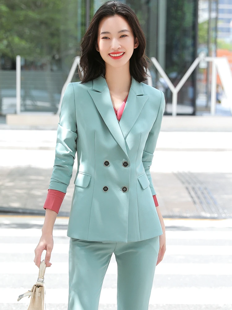 

Formal Elegant Pink Women Pantsuits with Pants and Jackets Coat Autumn Winter Long Sleeve Business Work Wear OL Style Blazer Set