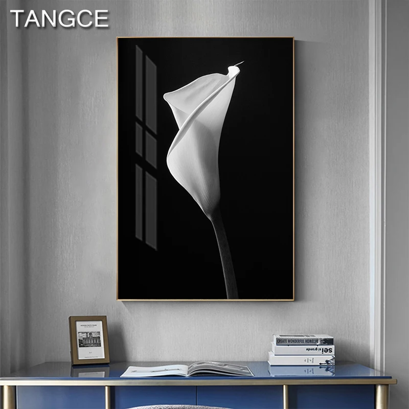 

Abstract Black and White Poster Print Modern Black Backgroud White Flower Canvas Painting for Living Room Photography Wall Art