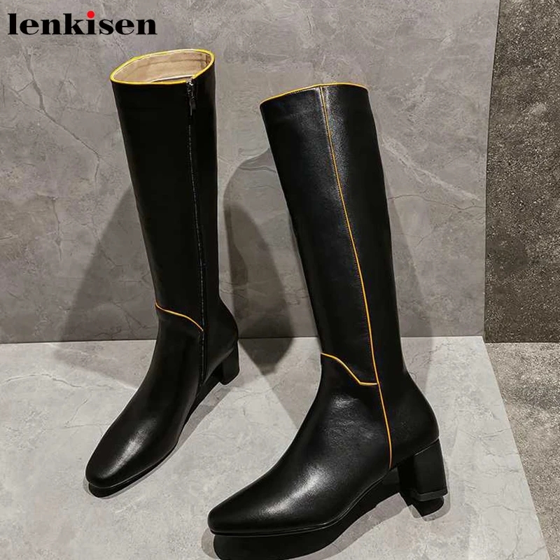 

Lenkisen fashion mixed colors simple style cow leather square toe high heels side zip winter keep warm women knee high boots L20