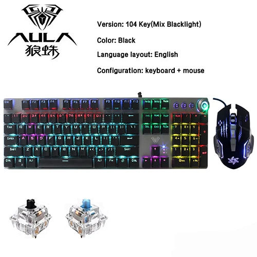 keyboard for multiple computers AULA PC Mechanical Keyboard 104 keys USB MIX LED Backlit Black Blue Switch for Arabic Russian Spanish Hebrew gaming Keyboard computer keypad Keyboards