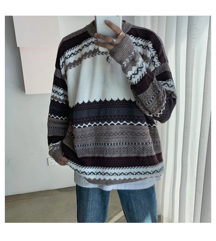 Зимний свитер мужской теплый модный ретро повседневный вязаный свитер мужской уличная Свободный пуловер с длинными рукавами свитер