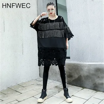 

Spring Hollow Out Embroidery Patchwork Tassel Black Dress O Neck Flare Sleeve Loose Irregular Knee-length Dresses Women W353