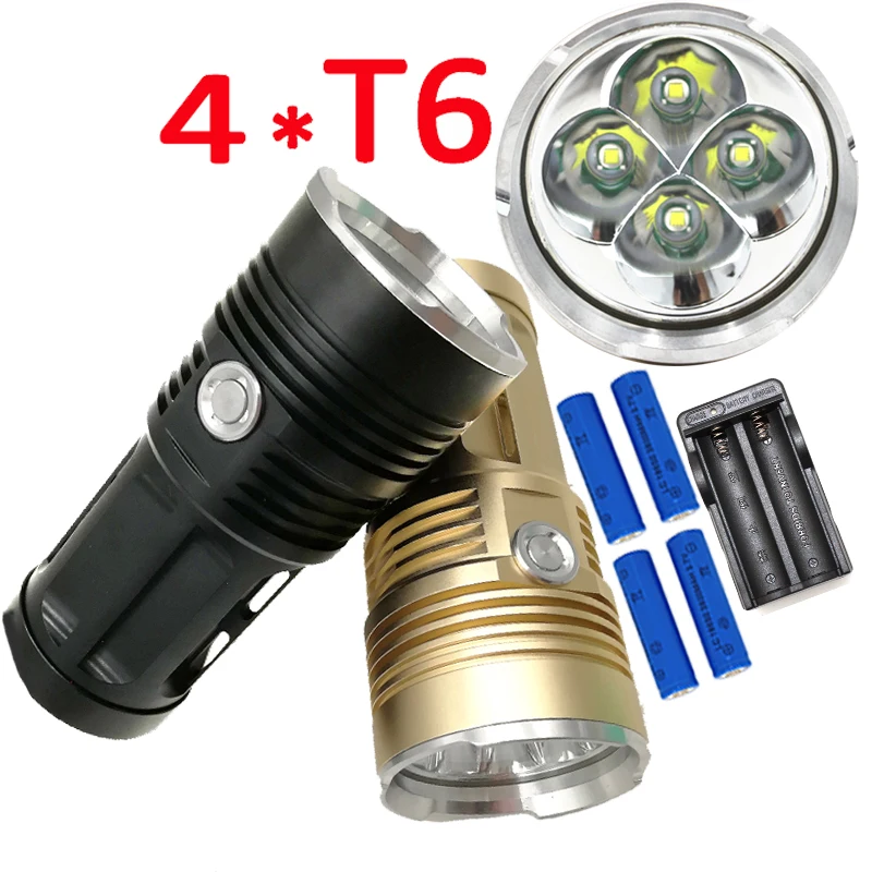 3 Modes 4x XM-L T6 LED Flashlight 4200LM Tactical lanterna Night Light Camping Hunting Torch Lamp +4x 18650 Battery +Charger | Лампы и