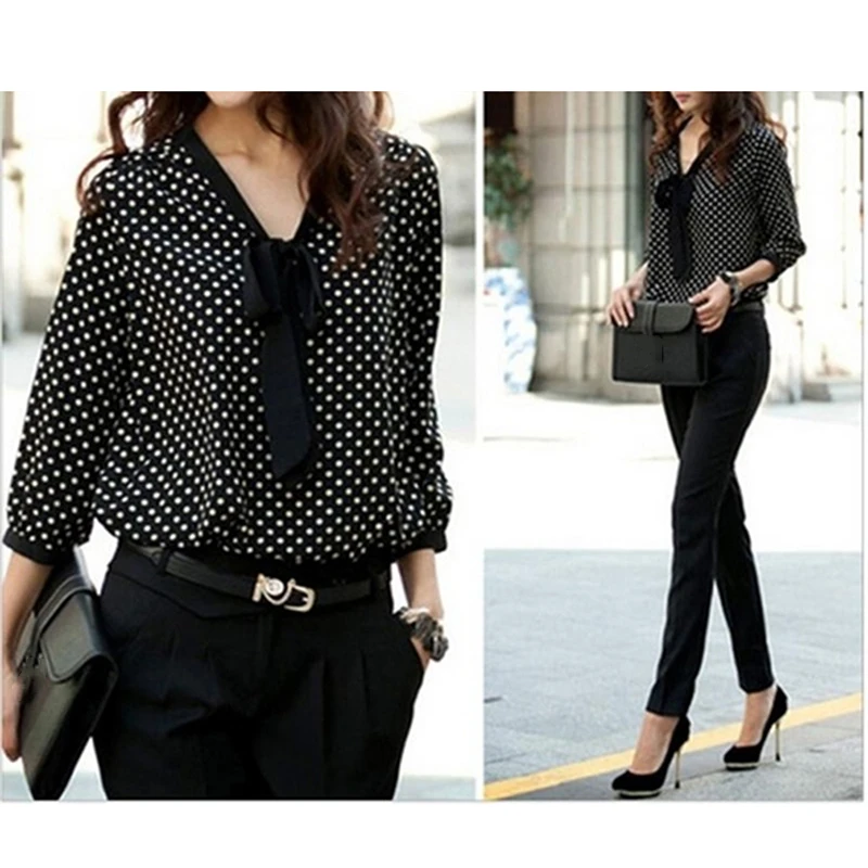 Blusa de oficina con cuello de para mujer, camisas de larga, estampado de puntos gasa negra, Tops blusas para mujer|Blusa| - AliExpress