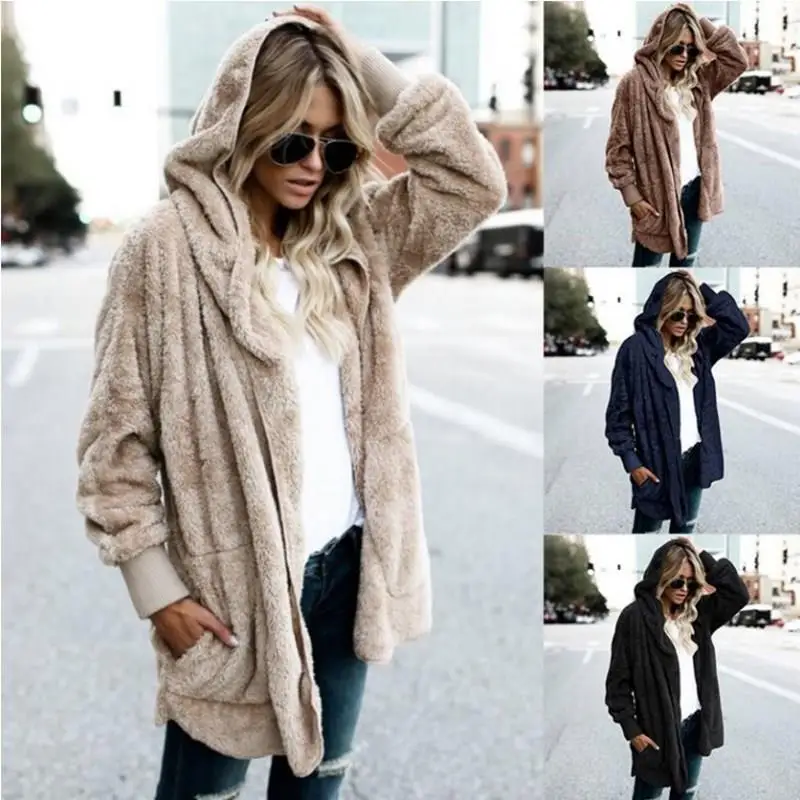

Women Long Sleeve Fuzzy Fleece Jacket Winter Casual Oversized Hooded Teddy Coat Female Loose Warm Faux Fur Outerwear
