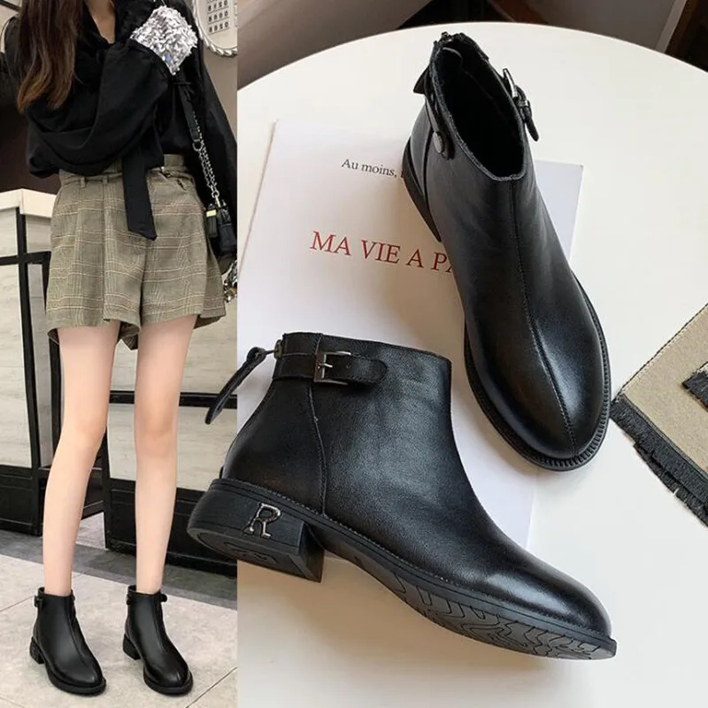 

Fashion women's boots 2019 winter new British style Genuine Leather Booties comfortable warm women shoes Casual Martin boots