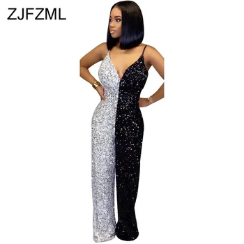 

Sexy Backless Sequin Jumpsuits for Women 2019 V-Neck Spaghetti Strap Loose Romper Autumn Contrast Color Elegant Party Bodysuit