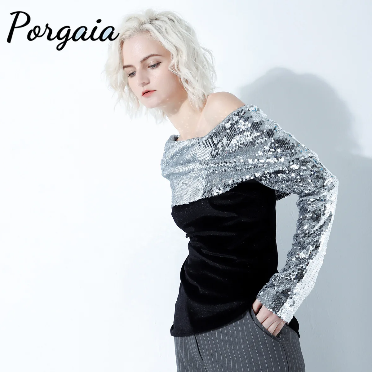 

Porgaia Silver Bling Sequined Off The Shoulder Velour Top Harajuku Women Clothing Aesthetic Clothes