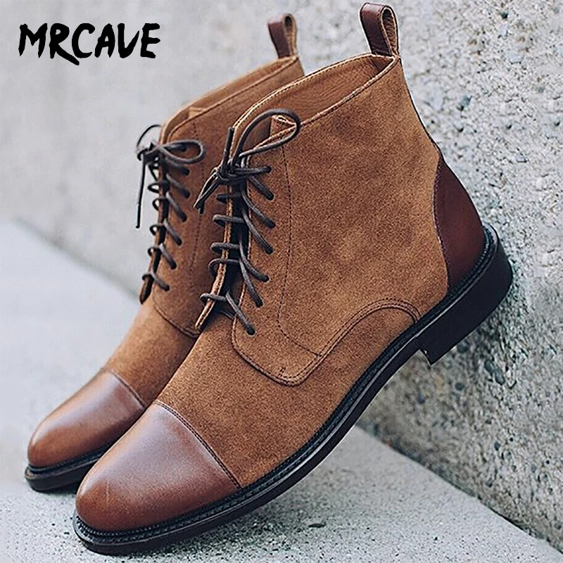 

MRCAVE Men Leather Formal Flat Shoes 2020 Lace Up Formal Ankle Boots Male Faux Suede Patchwork Boots Man Solid Derby Shoe