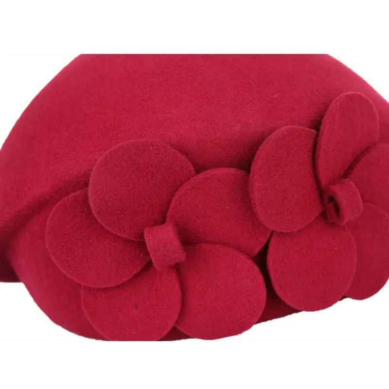 Women Lady Faux Wool French Beret Hat Flower Solid Color Fascinator Beanie Cap AXYD