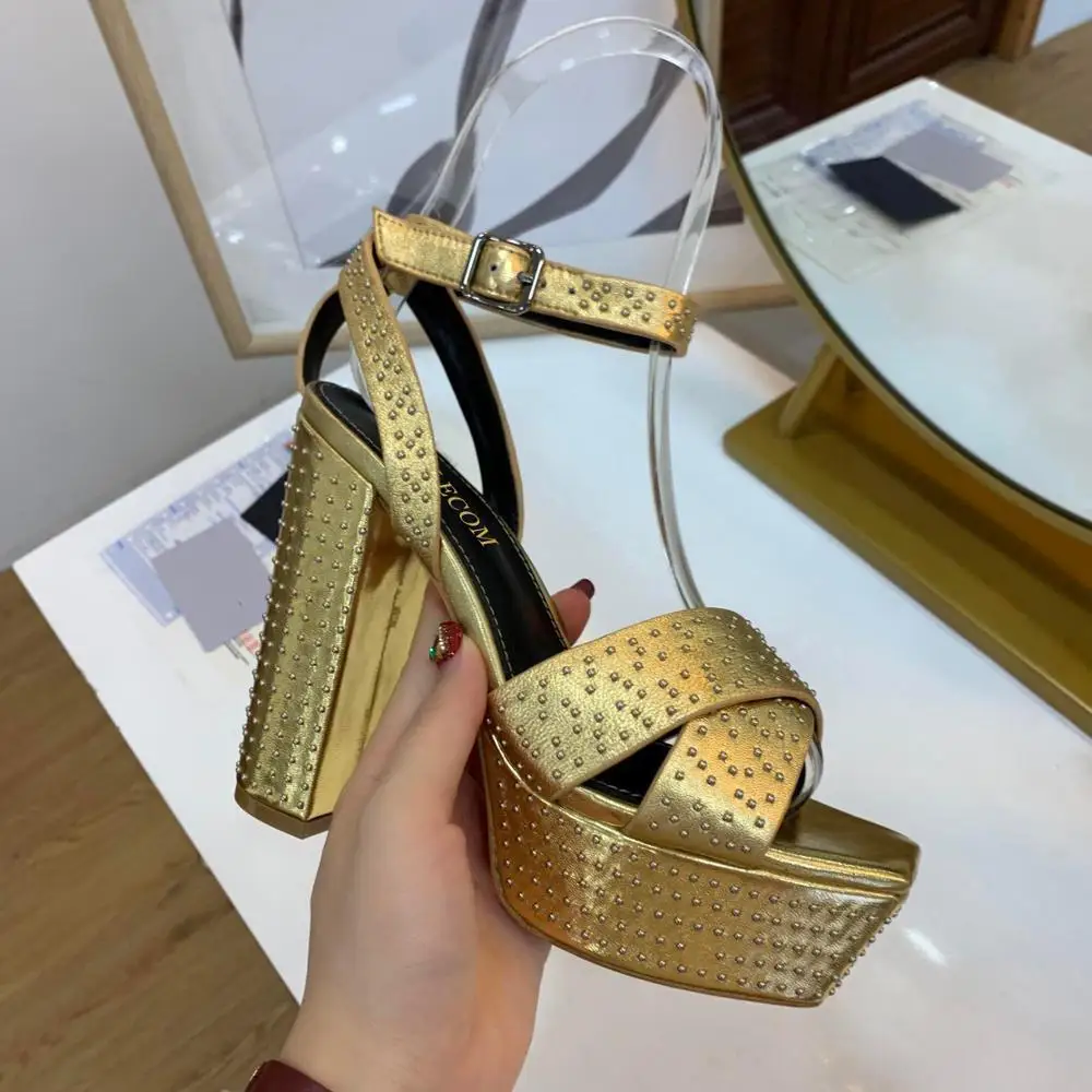 

BELLECOM High heel sandals for women: leather waterproof platform, thick heel, thick sole, rivet, high heel sandals for women