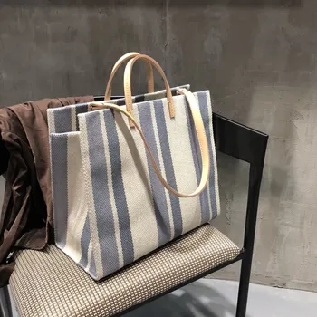 

2020 designer ladies handbag fashion all-match large capacity striped contrast canvas bag shoulder messenger bag shopping bag
