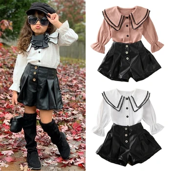 

2Pcs Toddler Baby Girls Autumn Clothes Set 1-6Y Long Sleeve Ruffle Blouse Tops Leather Mini Shorts Outfits Clothes Set